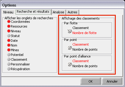 Options d'affichage du classement